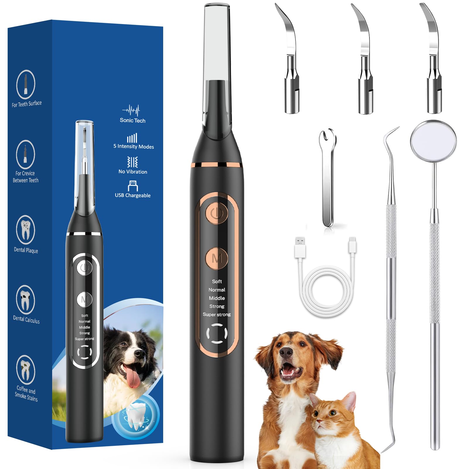 Detartreur Dentaire Ultrason pour Chien et Chat, pour Detartrage Dentaire | Anti Tartre Chien 5 Modes, Detartreur Dentaire pour Nettoyage les Résidus Alimentaires et Adoucit les Dentaire Taches