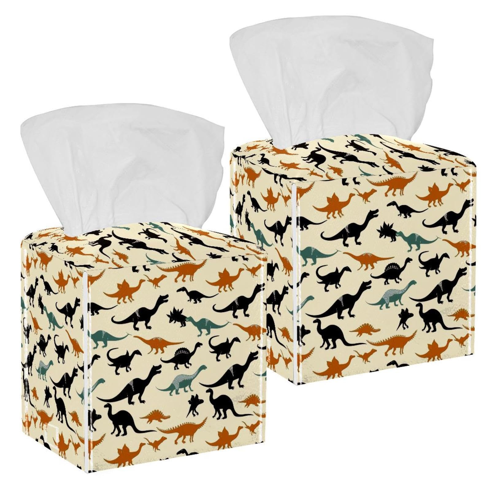 Cute Dinosaur Tissue Box Cover, 2 Pack PU Leather Square Facial Tissue Dispenser Box holder for Home Office Car
