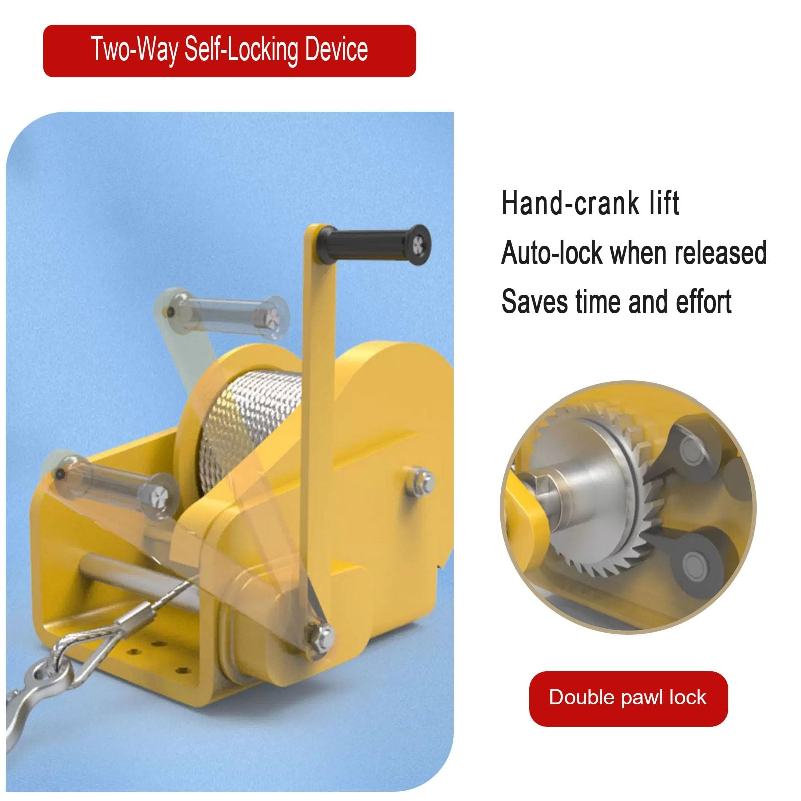 Handwinde Doppelsperre, Robust für Bootsanhänger mit Haken | Verzinktes Stahldrahtseil, Gummigriff, for Boote, Lkws, Anhänger, Werkstätten(1200LB/544KG,Bare-Metal)