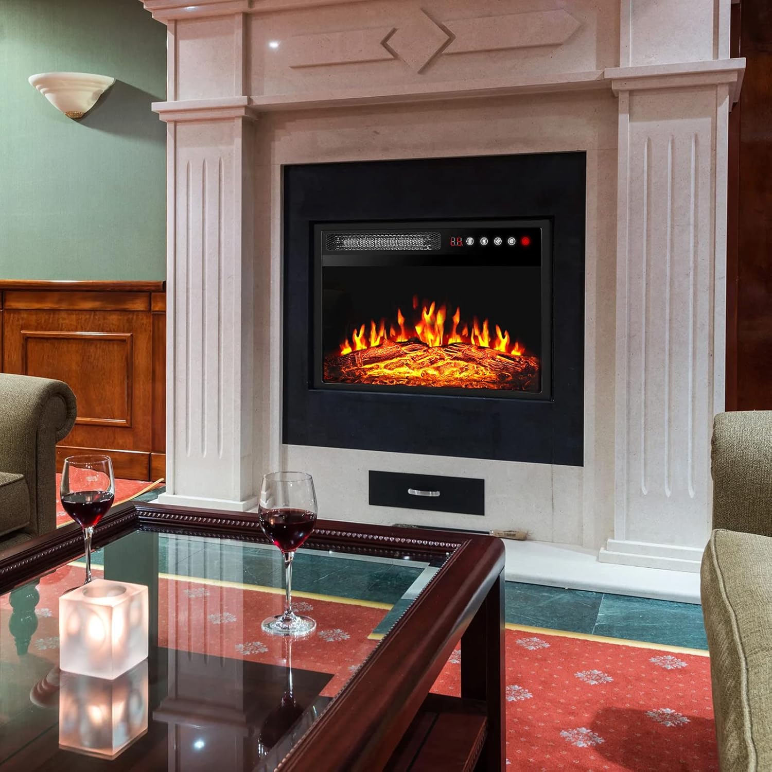 BOSSIN 18 Inch Electric Fireplace Insert installed in a living room