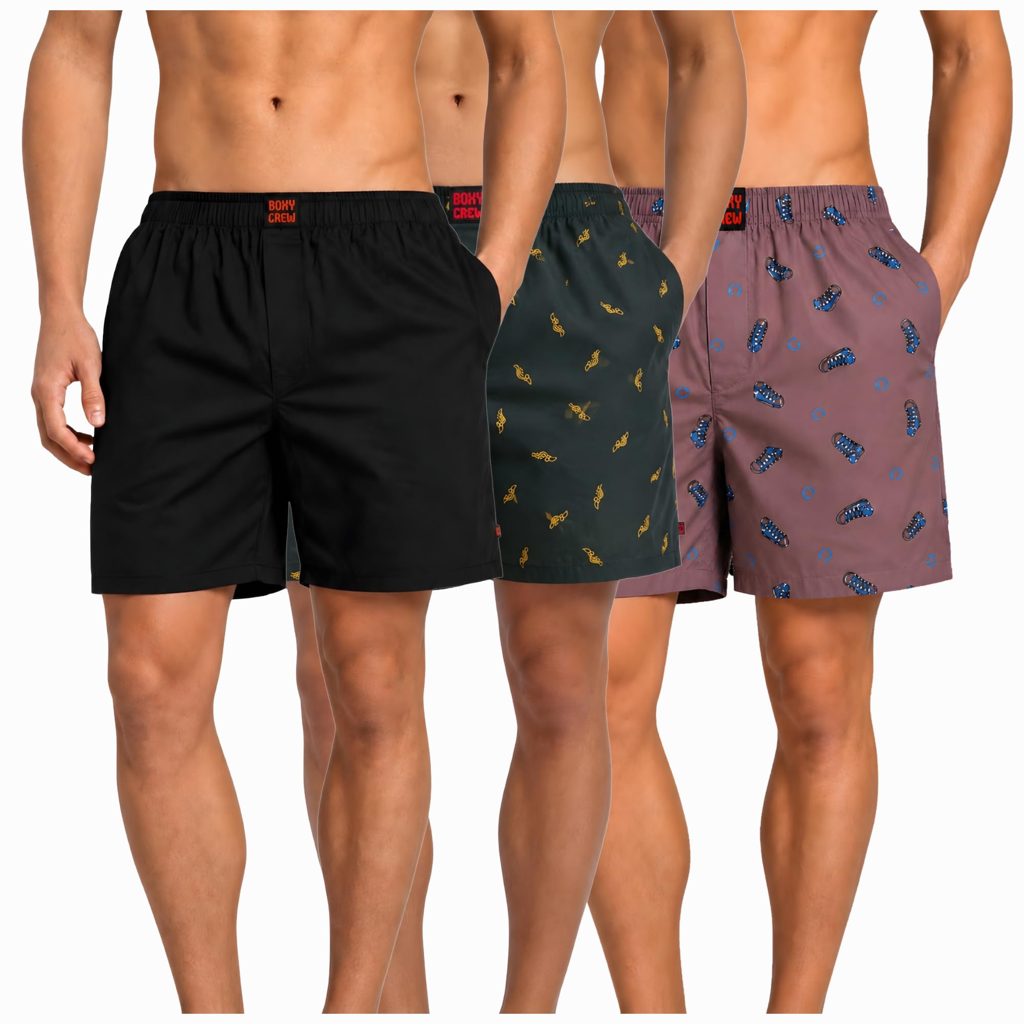 Men's 100% Cotton Boxer Shorts Pack of 3, Black, Dark Teal & Mauve | Woven Boxers with Side Pockets, No-Marks Elastic Waistband, Breathable Relaxed Fit | Style 001-010-015-picture-44