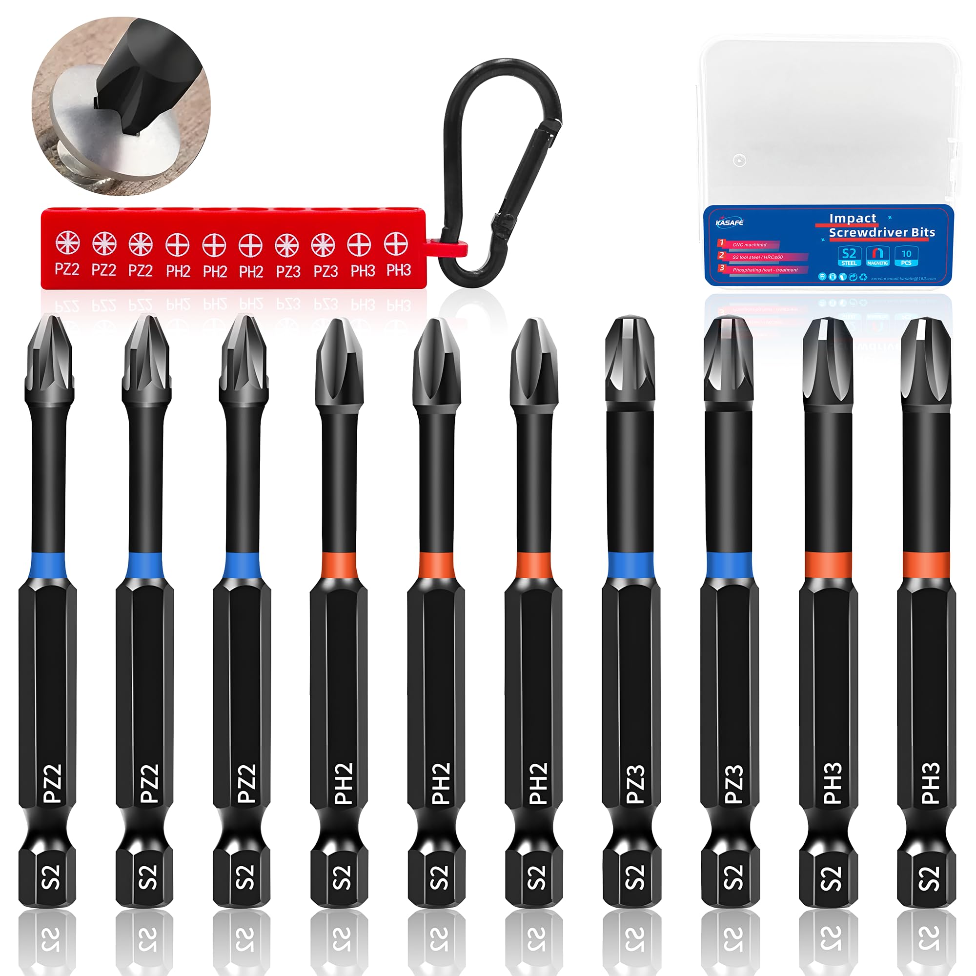 KASAFE 75mm PZ2/PH2/PZ3/PH3 Impact Magnetic Screwdriver Bit Set S2 Steel Phillips Pozidriv Dual Torque Buffer 1/4" Hex Shank for DIY Home Repairs Furniture Assembly Hand Power Tools