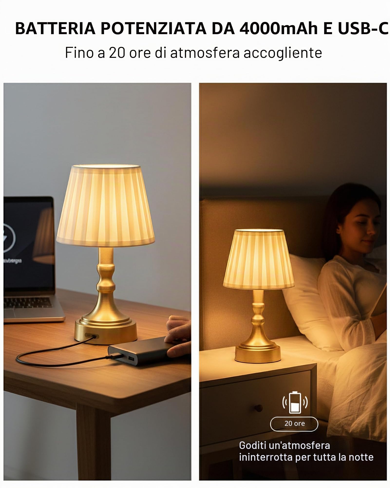 ACMHNC Lampada Tavolo Ricaricabile Dorata, Dimmerabile Touch, 2700K | Lampada da Comodino Senza Fili 4000 mAh, Paralume in Tessuto, Retrò per Camera, Soggiorno, Terrazza, Ristorante
