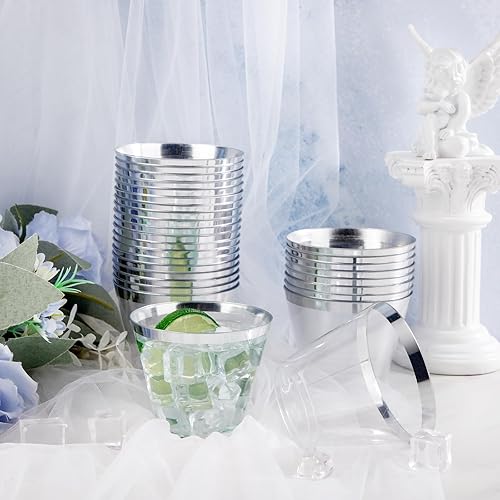 Miniatura 4 de Ciaell 200 vasos de plástico plateados, vasos de plástico resistentes de 9 onzas, taza con borde plateado, taza transparente desechable con borde