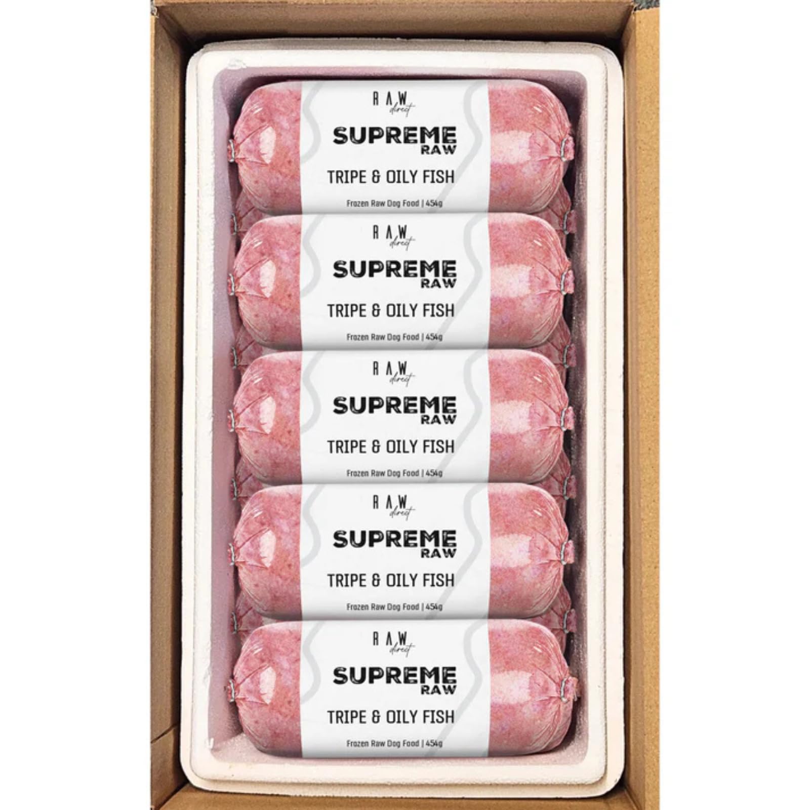 RAW DIRECT Supreme Raw Frozen BARF Dog Food - 454g Rolls - Variety Flavours โ Box of 10, 20, 30 Rolls - Premium Natural Barf Diet - High-Protein, Grain-Free & Nutrient-Rich (30, TRIPE & OILY FISH)