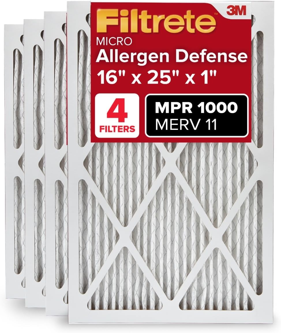 Filtrete 16x25x1 MERV 11 MPR 1000 Furnace Air Filter 4-Pack - Electrostatic Allergen Defense for Cleaner Home Air
