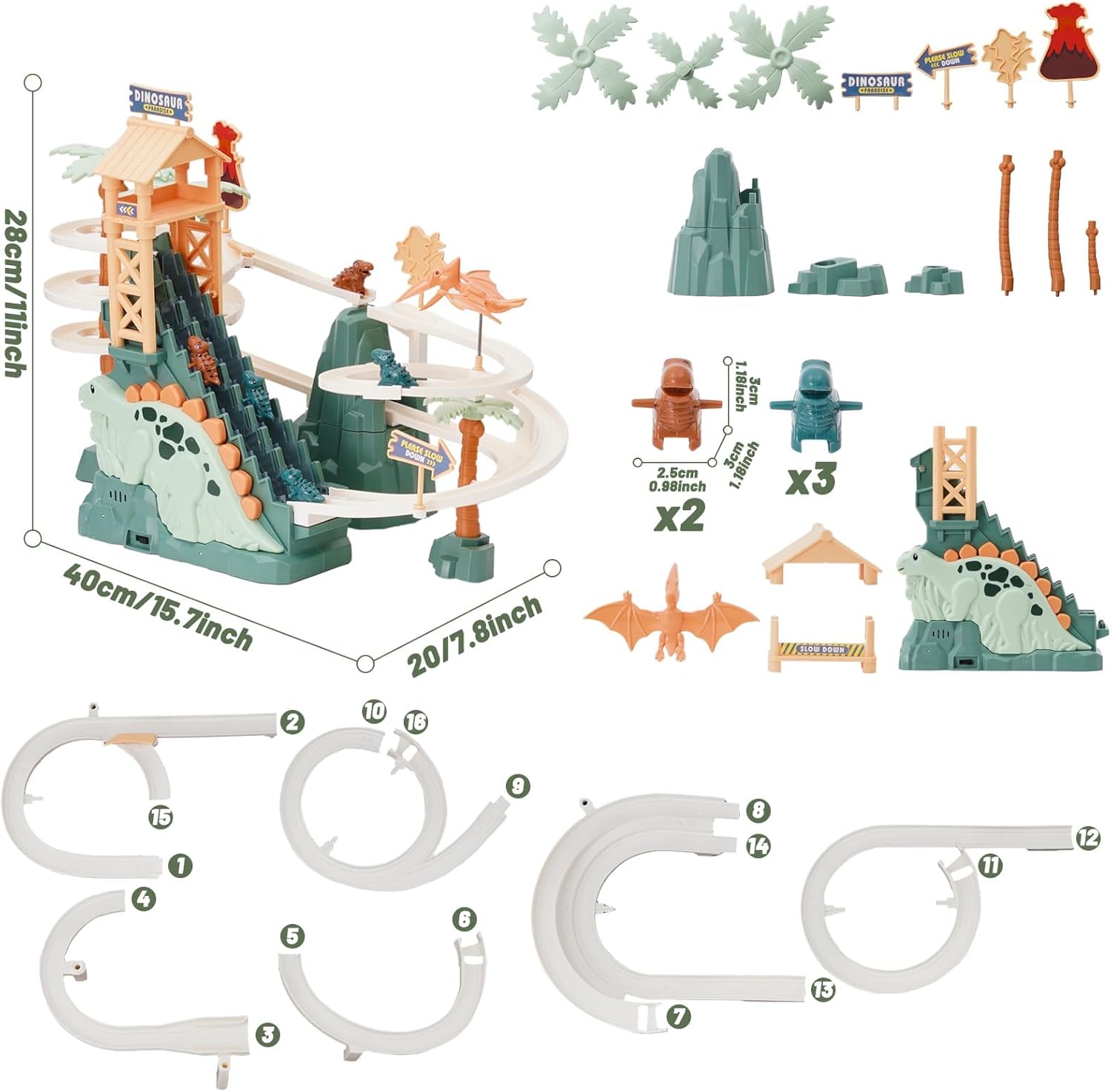 Dinosaur Chasing Race Track Game Set Double Loop Track Slide Toy Climb Stairs Toy Roller Coaster Toys with Music Educational Puzzle Playsets Gift for Toddler Kids Boys Girls Age 3+