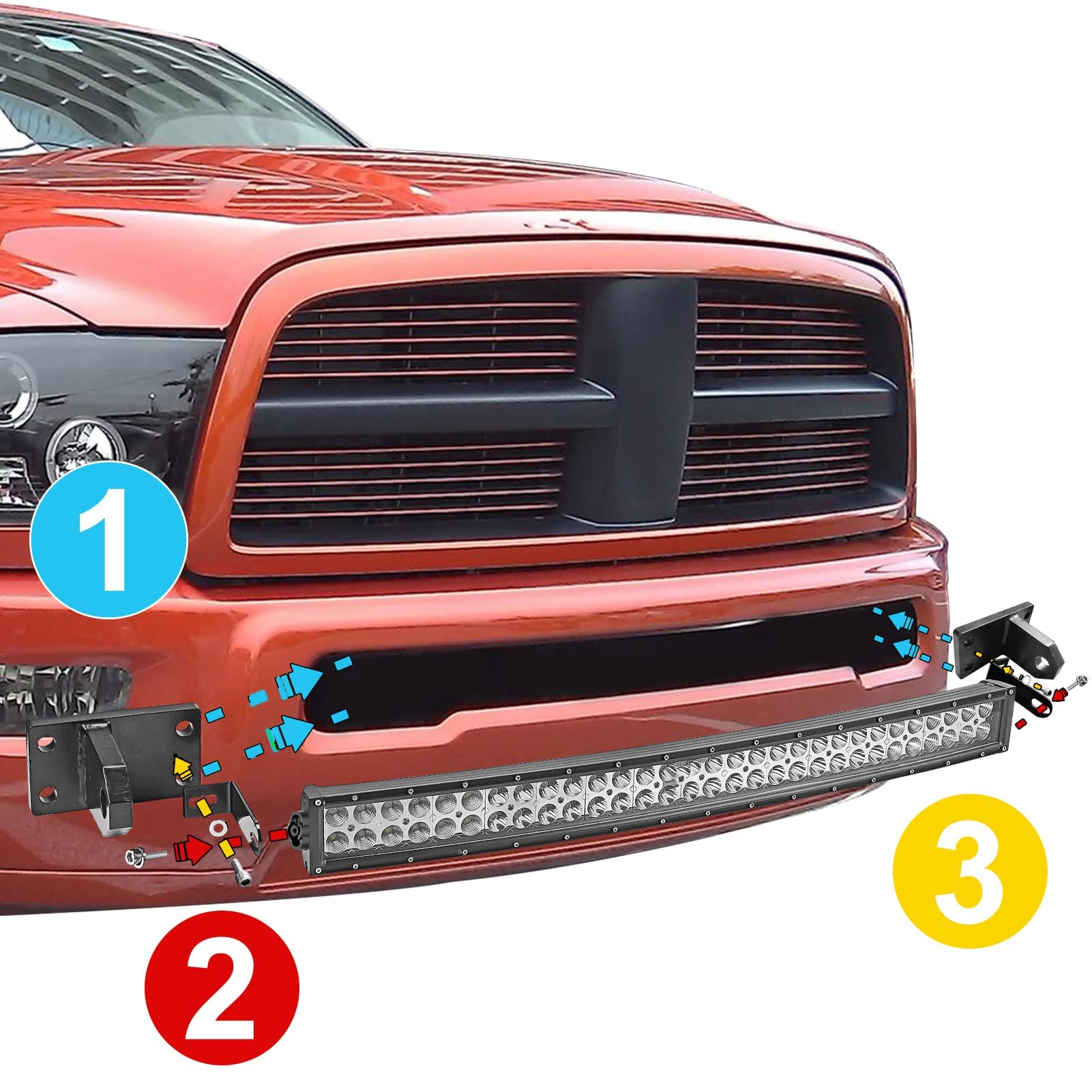 DaSen 32 inch Curved LED Light Bar & Front Hidden Bumper Tow Hooks Grille Mount Brackets Kit Compatible with Dodge RAM 2500 2010-2019, Fit RAM 3500 2010-2019