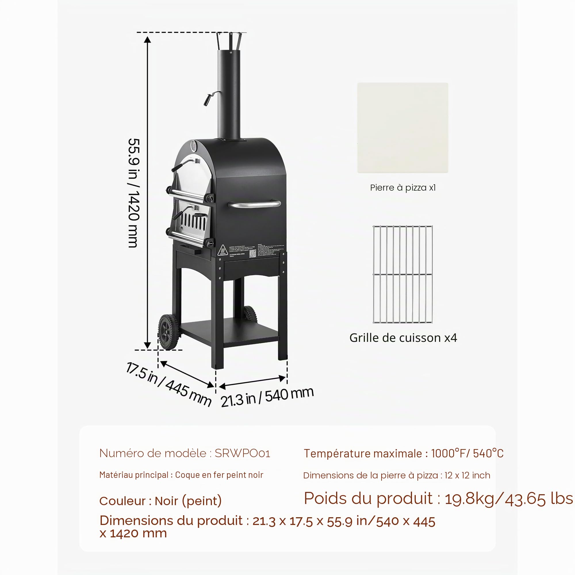 VEVOR Four à Pizza d’Extérieur 12 pouces 305 mm, Four à Granulés de Bois 2 Niveaux, 538 °C