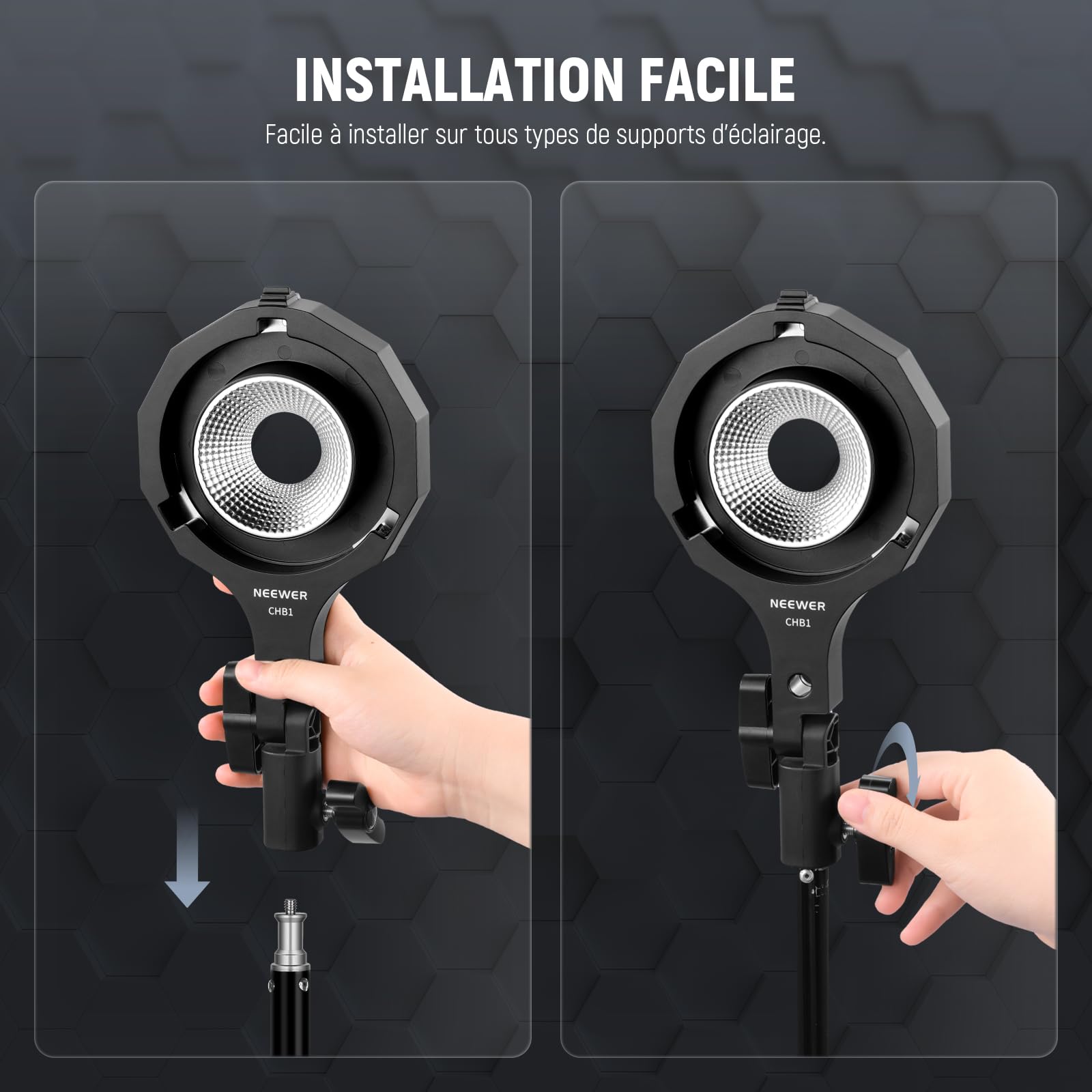 NEEWER Adaptateur de Monture Bowens, Mini Adaptateur de Mont Bowens avec Douille Parapluie, Récepteur 5/8", Inclinaison à 180° Compatible Uniquement avec NEEWER HS60B/HS60C Lampe Vidéo Portable, CHB1