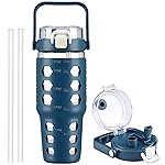 MUKOKO 32 oz Glass Tumbler with Straw,Glass Water Bottles with Time Marker,Iced Coffee Cup with Silicone Sleeve,Motivational Drinking Bottles,Leakproof-Blue