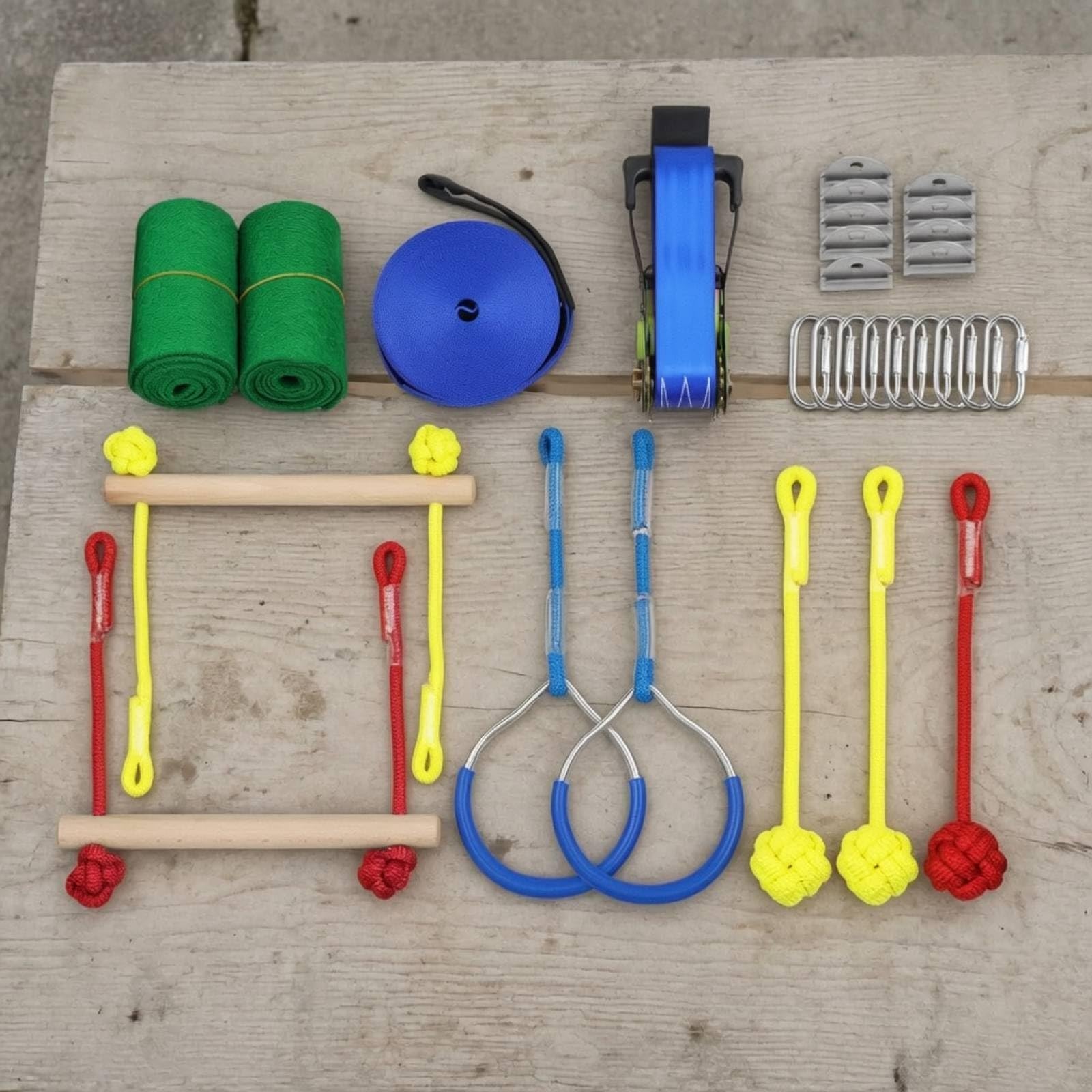 Harilla Entrenador de Equilibrio Infantil Kit de Slackline Línea de Obstáculos Barra de Madera Cuerda con Carabinas Metálicas para Coordinación y