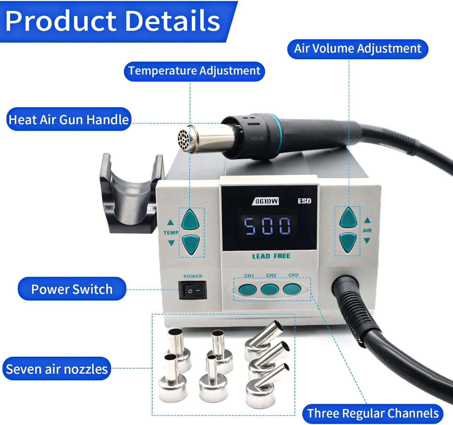 861DW Hot Air Rework Station, 1000W Digital Display Automatic Sleep Hot Air Gun Soldering Station, with 7 air nozzles, 110v Adjustable Temperature Desoldering Gun BGA Rework Station
