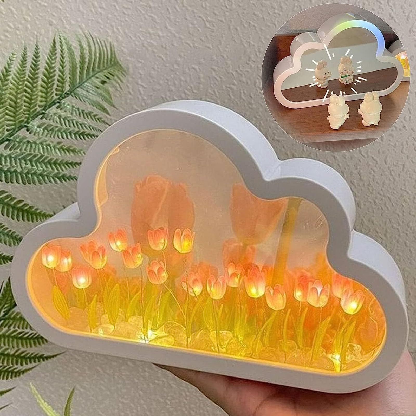 X spring DIY Tulip Night Light, 20 Flowers Cloud Tulip Lamp, 2-in-1 Mirror with Lights DIY Tulip Lamp, Simulation Flower Bedroom Sleeping Table Lamp (Pink)