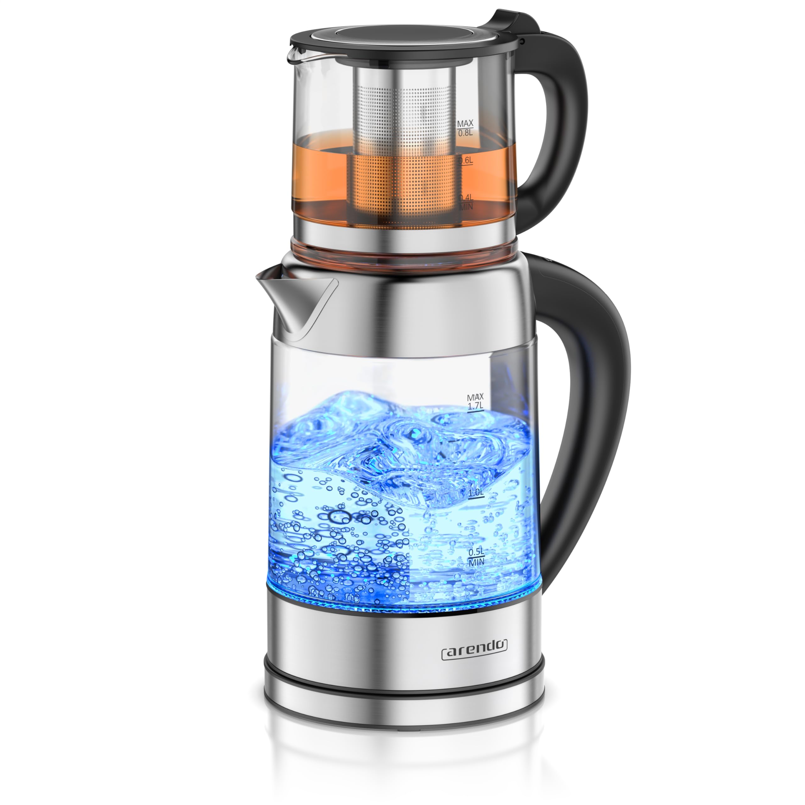 Arendo - Glas Wasserkocher mit Temperatureinstellung 1,8 Liter - Teekocher 0,8 Liter mit Sieb - 2200 W – Überhitzungsschutz – Temperaturauswahl 40° - 100°C - Warmhaltefunktion - LED Beleuchtung