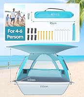 Dewur Pop Up Strand Sátor 3-4 Személyes, UPF 50+ UV Védelemmel, Vízálló Oxford Anyagból, Előtetővel, Kék - Kempingezéshez, Strandra, Kertbe 2