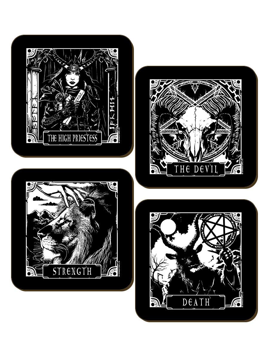 Deadly Tarot Black Death, Devil, Strength & Priestess 4 Piece Coaster Set 9.2X9.2cm