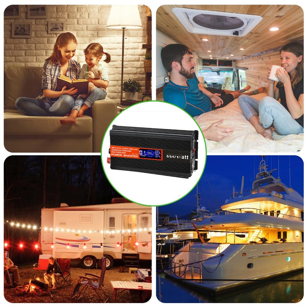 SolaMr 1500W Inversor de Corriente DC 24V a AC 220V/240V con Pantalla LCD y Puertos de Carga USB Convertidor para Sistema Montado en Vehículo y Acampada Salvaje- 1500W