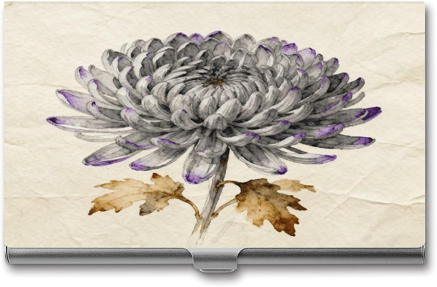 Personalized Gray Chrysanthemum Flower Business Card Case Ultra-Thin Aluminum Alloy Business Card Holders with Buckle Style Shut Lightweight Business Card Wallet for Men Women