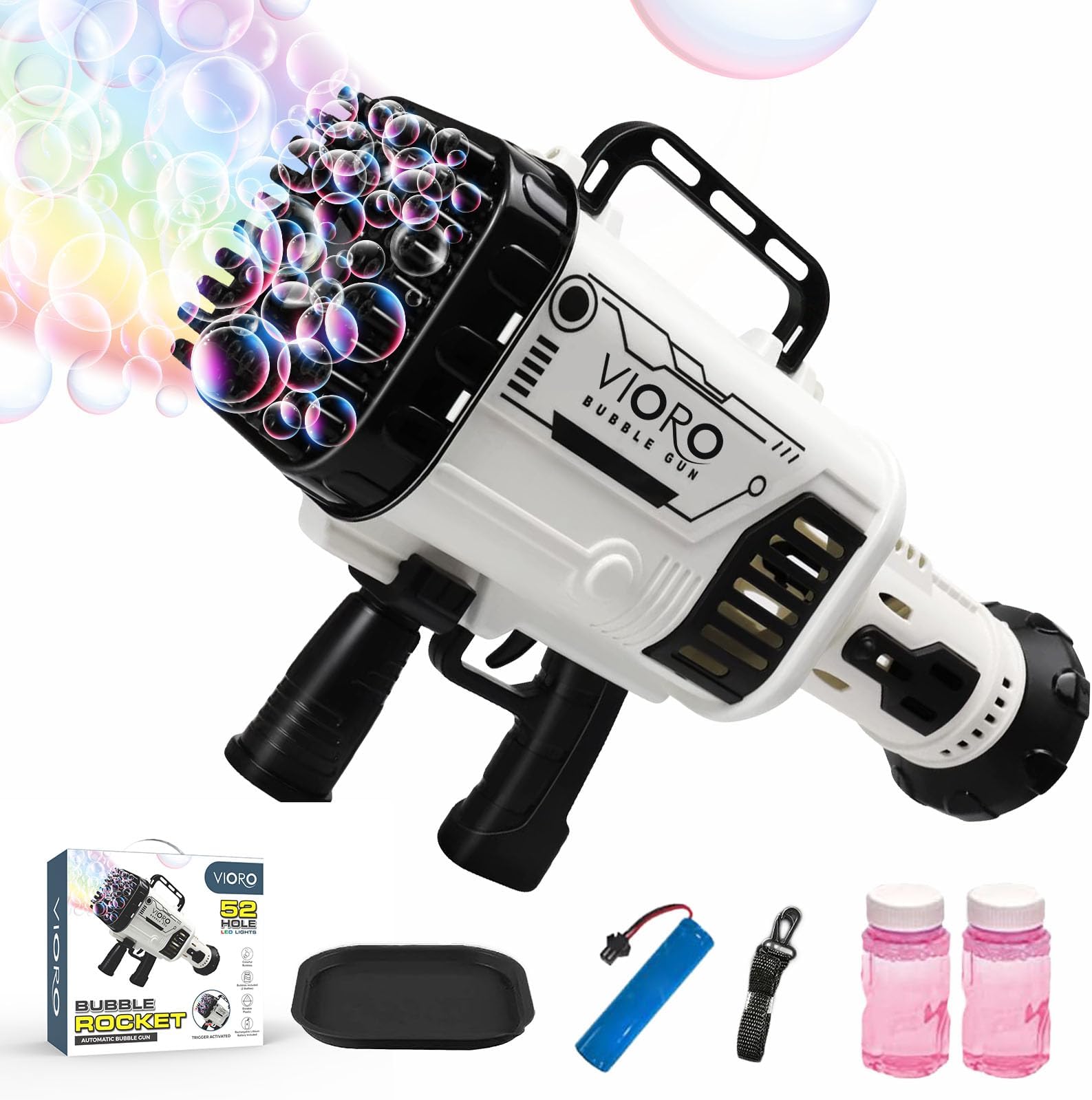 Bazooka Bubble Gun Blaster - Giant Automatic Rocket Launcher Gun, Bubble Solution, LED Color Lights for Kids and Adults, Big Electric Bubble Machine for Indoor/Outdoor Parties and Events