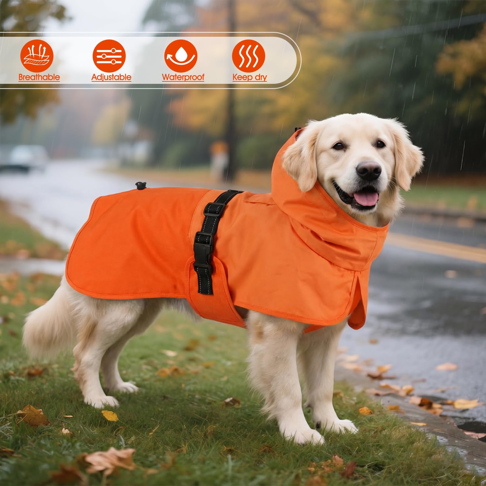 BRKURLEG Hunderegenmantel - wasserdichte Regenjacke mit Kapuze - Orange - XXL