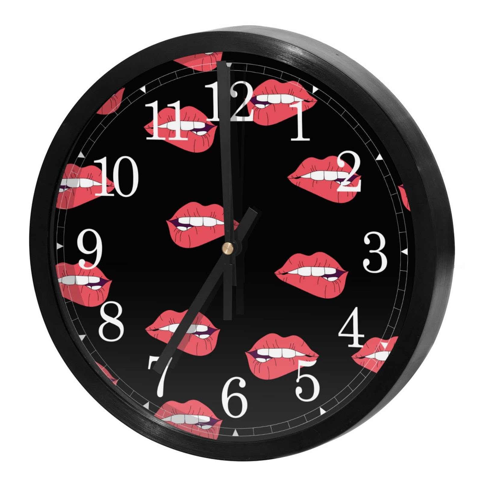 Horloge murale silencieuse cadeau original maison cuisine design lèvres rouges sur noir