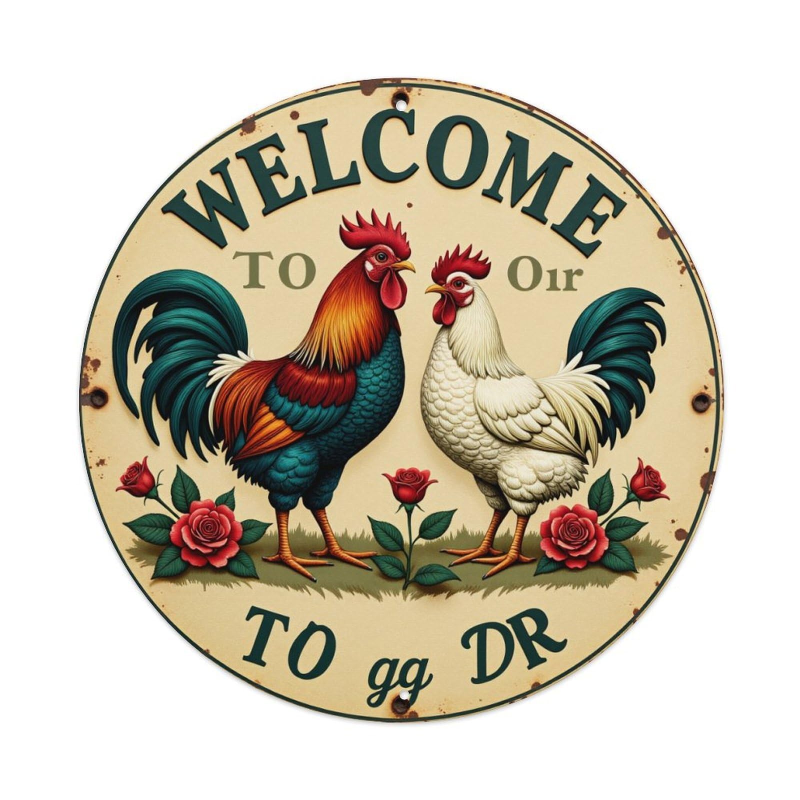 Welcome To Our Farm Rooster Hen Roses Round Tin Sign Retro Metal Sign for Cafe Bar Pub Home Game Room Gym Club Wall Decoration Vintage Metal Poster 8x8 Inch
