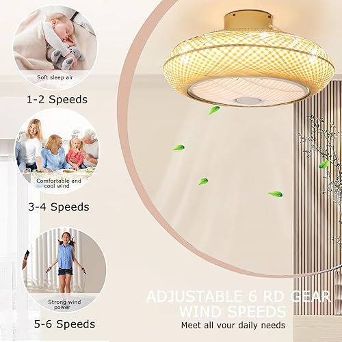 Miniatura 2 de Ayaoty Ventilador de techo bohemio de 20 pulgadas con luces de bambú tejido a mano, 3 modos de luz, ventiladores de techo empotrados, ventilador de