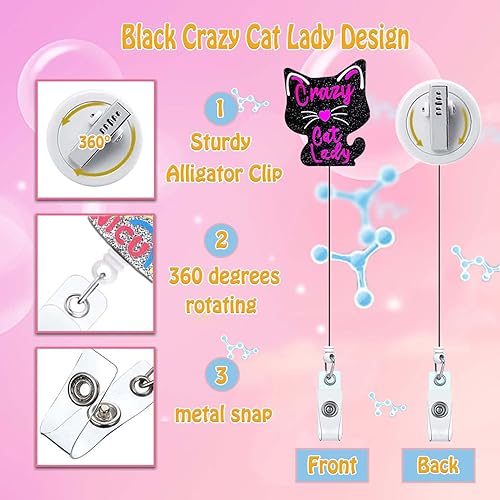 Miniatura 2 de Crazy Cat Lady - Carrete de insignia de gato divertido, clips retráctiles, carretes de insignia de enfermería negros retráctiles para enfermeras,