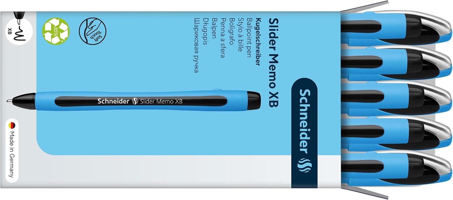 Schneider Slider Memo XB (Extra Broad) Ballpoint Pen, 1.4 mm, Light Blue Barrel, Black Ink, Box of 10 Pens (150201)