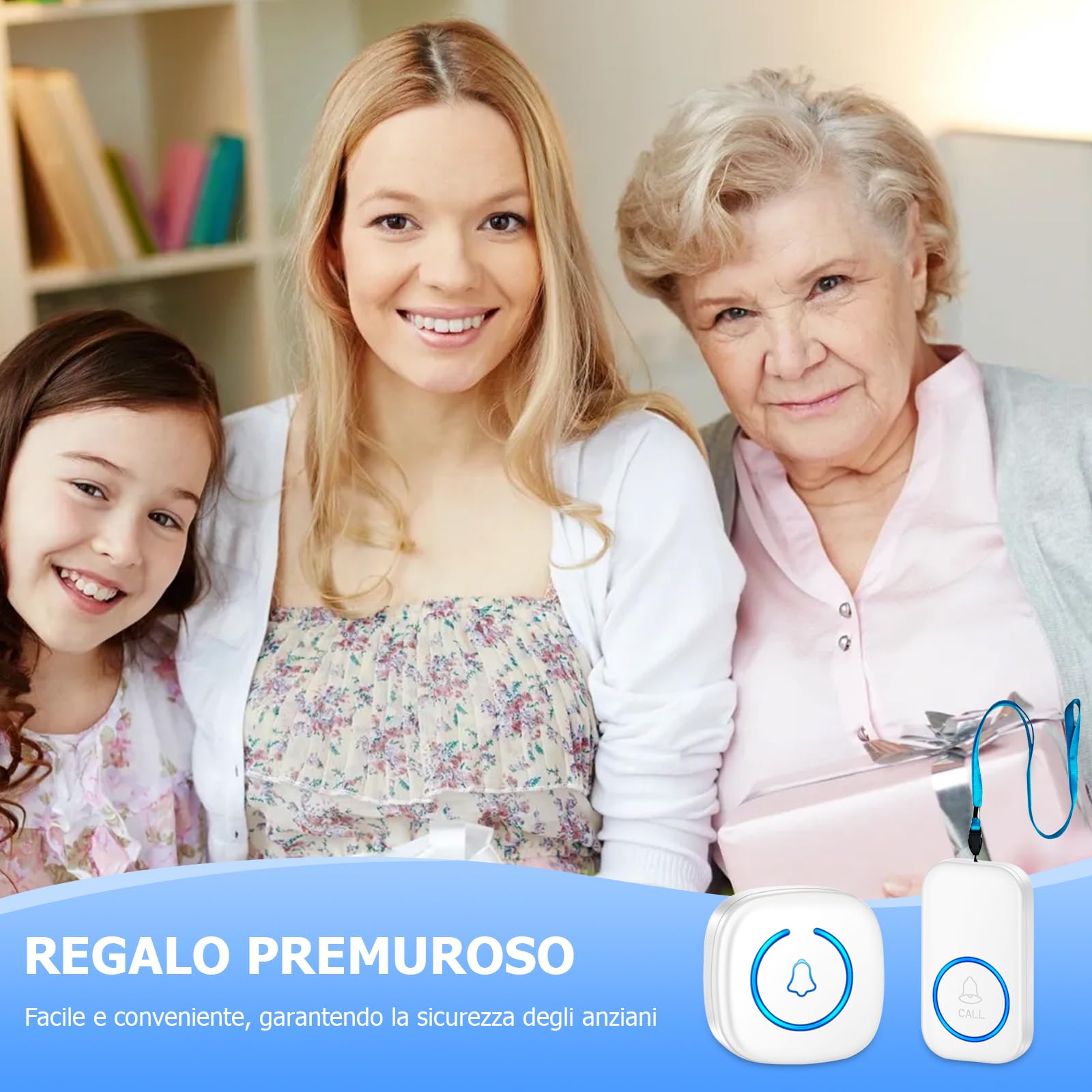 Allarme Persone Anziane, pulsante di chiamata di emergenza per gli anziani, campanello per malati con vibrazione, luce e suoneria (2 trasmettitore + 2 ricevitore)