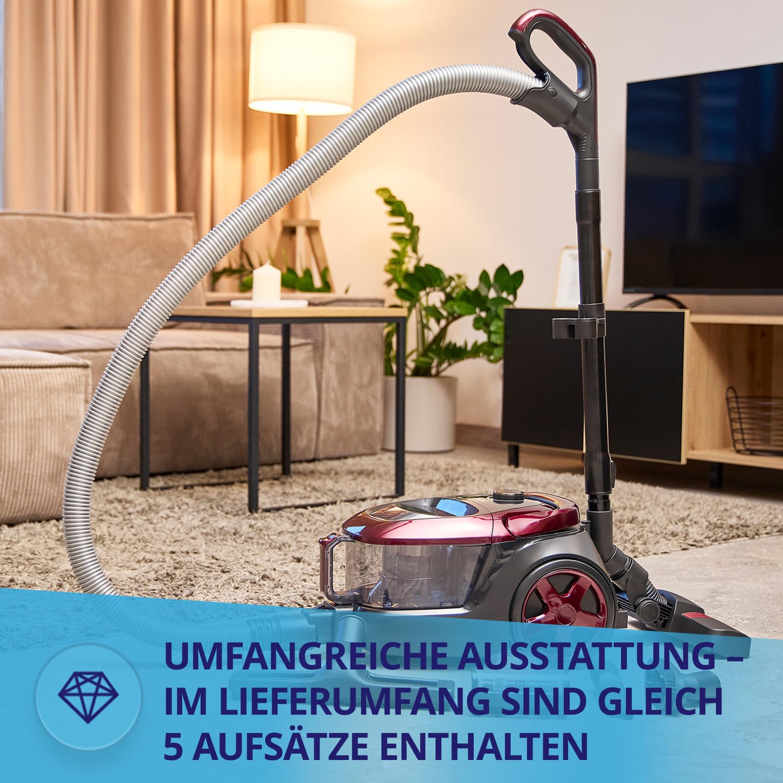 MPM Odkurzacz bezworkowy – pojemnik 2,5 l – filtr HEPA – z nasadkami/akcesoriami i uchwytem teleskopowym – 850 W