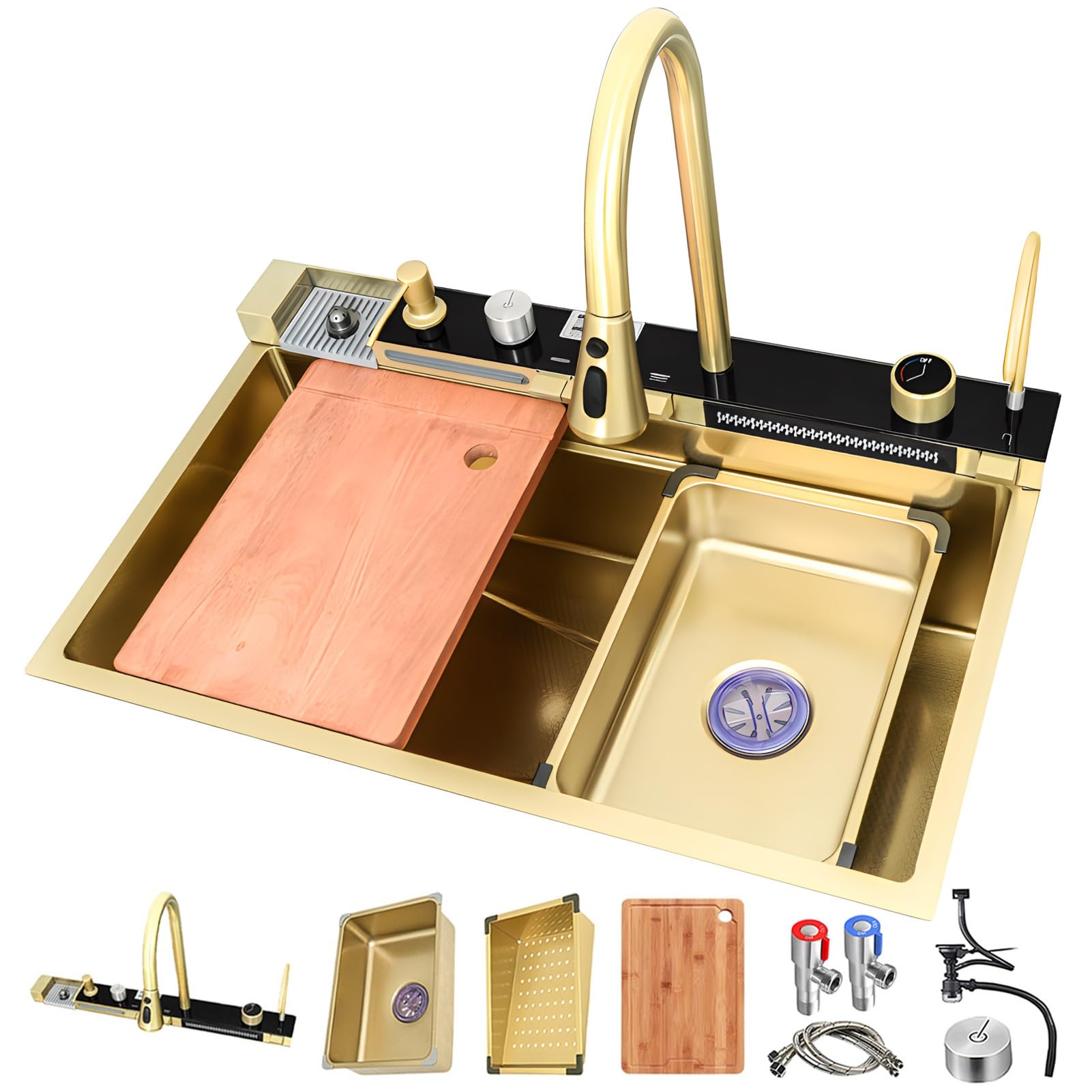 Évier de cuisine luxe doré 80 cm avec mitigeur cascade et cuve en acier inoxydable
