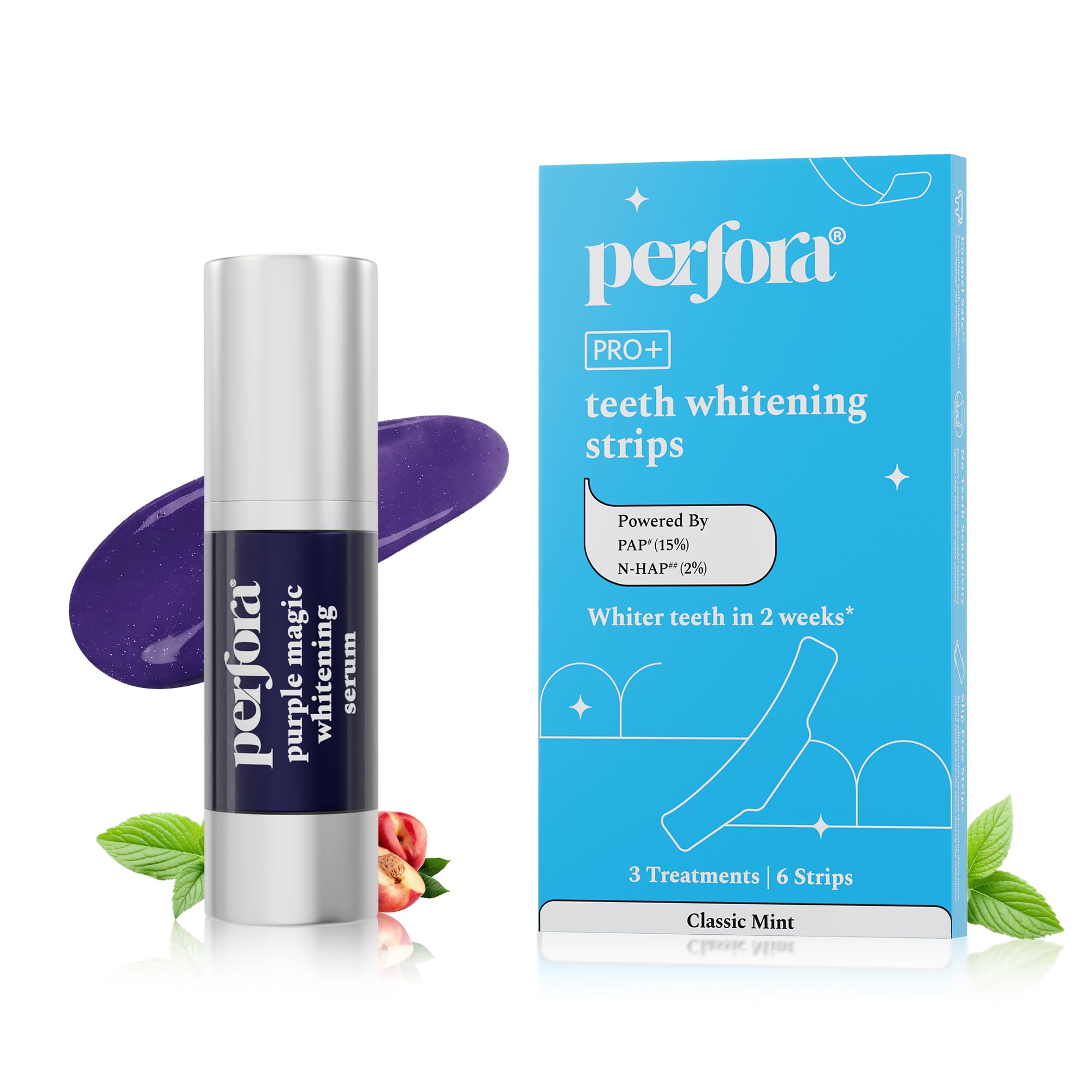 Perfora Zahnaufhellungs-Kombination, Streifen, 2 Stück, Purple Magic Whitening Serum 30 ml & Zahnaufhellungsstreifen, Emaille-sichere und empfindlichkeitsfreie Mundpflege-Formel zur Entfernung von