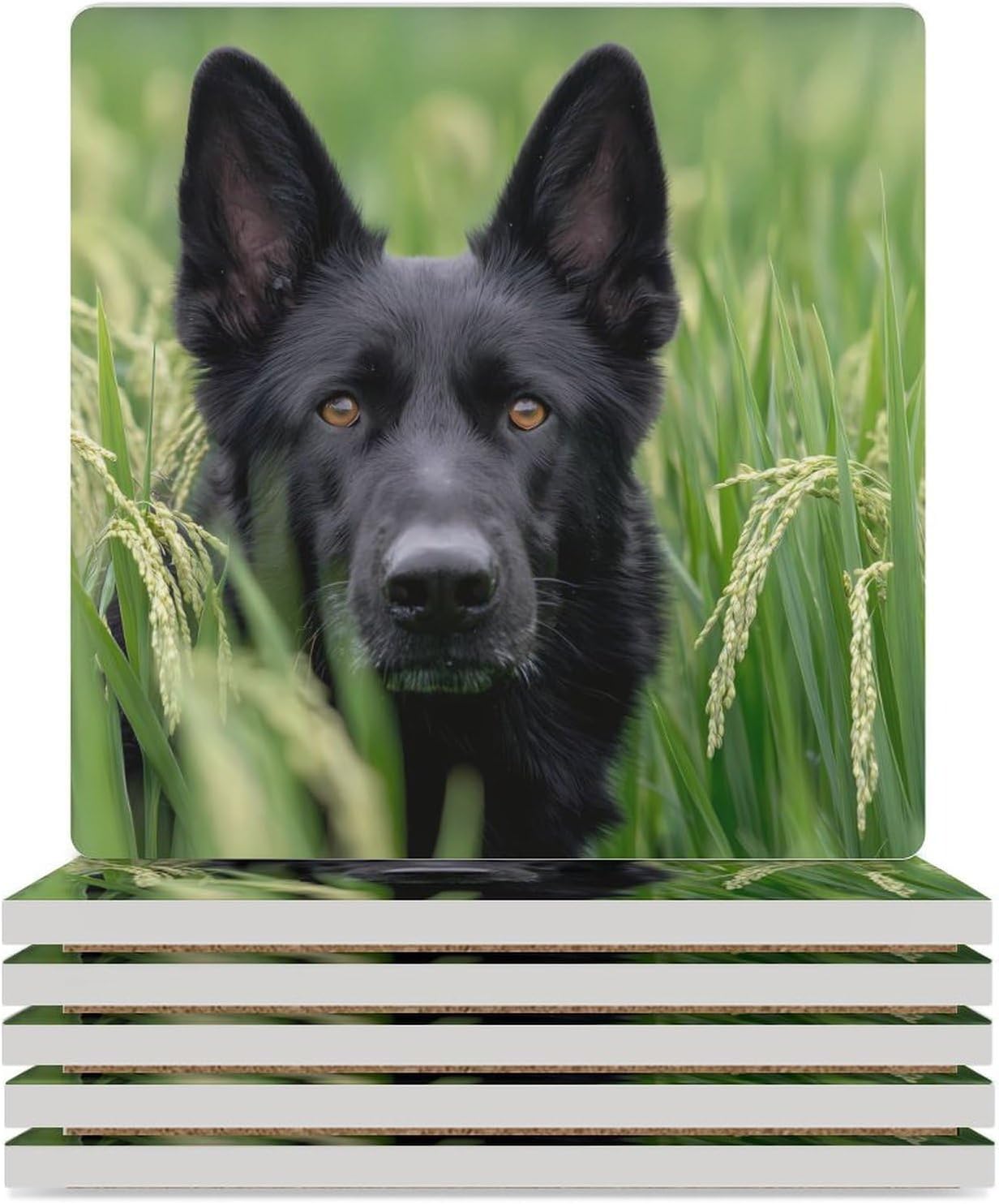 Black German Shepherd Dog Coaster for Drinks Square Ceramic Table Coasters Stone Mat Crafts 4PCS Home Kitchen Decor