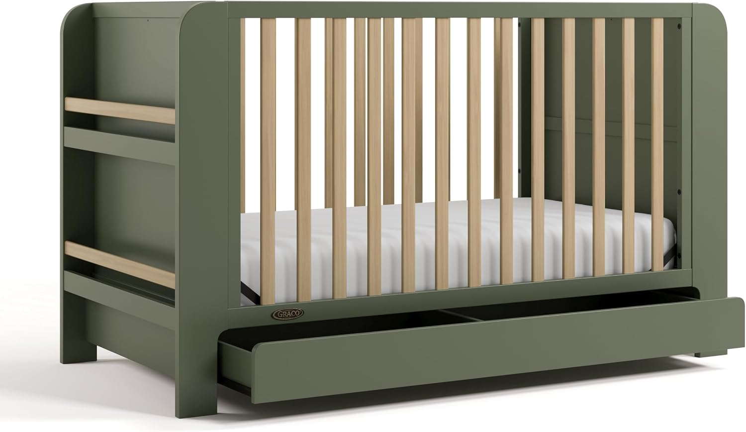 Graco Read-with-Me 4-in-1 Convertible Crib with Drawer (Olive with Driftwood) - GREENGUARD Gold Certified Converts to Toddler Bed, Daybed, and Functional Bookshelves