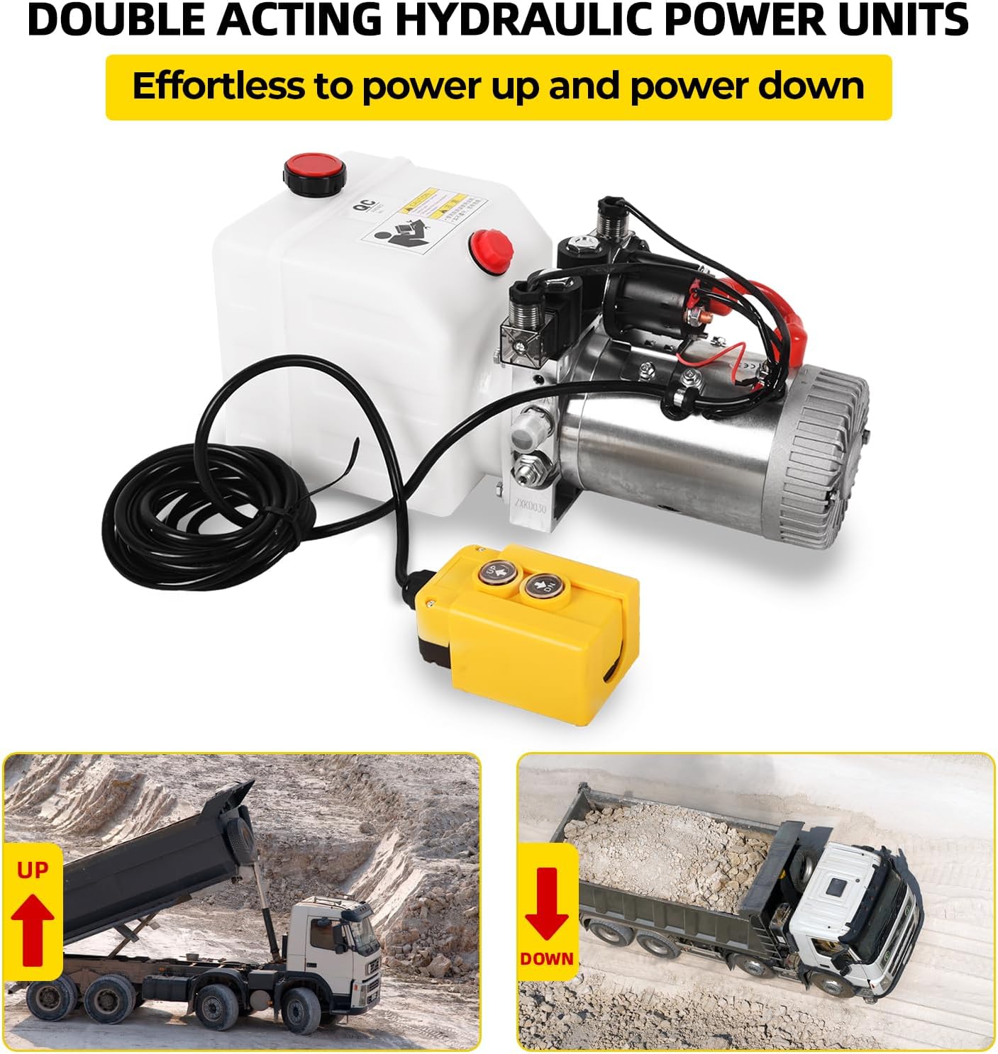 Hydraulic Power Unit 12V 3 Quart Hydraulic Pump Double Acting Sturdy Plastic Reservoir Electric Hydraulic Power Units for Dump Trailer Truck Hydraulic Lifting Systems