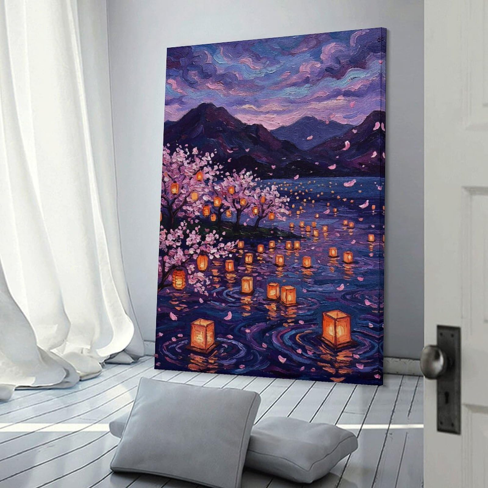 Junmoney Wall Art Print Floating Lanterns Under Cherry Blossoms, 08x12inch(20x30cm), for Hallway, Bedroom Or Modern Interiors, Thoughtful Wall Decor for Art Lovers