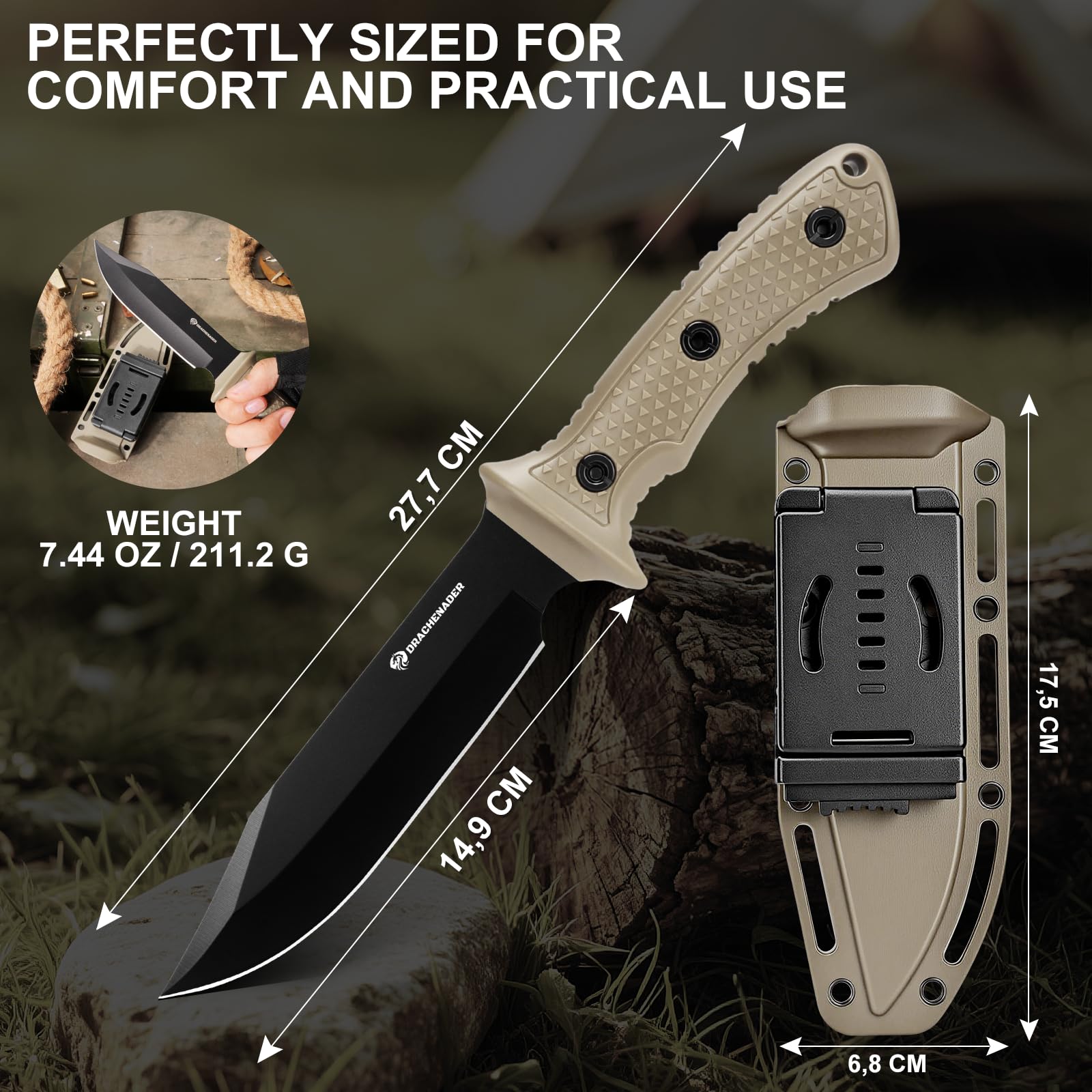 DRACHENADER Gürtelmesser WS-JT-KQ, Feststehendes Messer aus 5Cr13MoV Stahl mit 14,9 cm Klinge, Jagdmesser mit ABS-Griff, Outdoor Messer für Camping, Survival, Schwarze Klinge- Kraki Griff