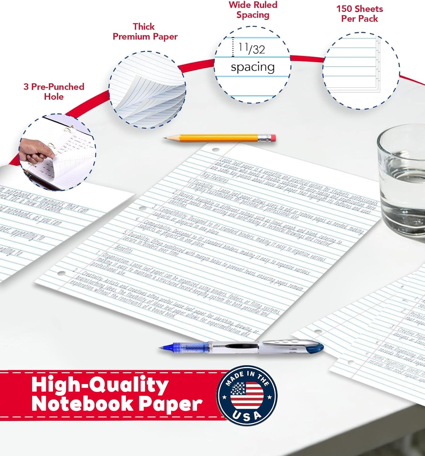 Notebook Paper USA-Made Loose Leaf Paper, 24 Pack 3600 Sheets 8"x10.5" Wide Ruled - 3-Hole Punched Bulk Filler Paper for 3-Ring Binder, 150 Sheets/Pack, Wholesale Available