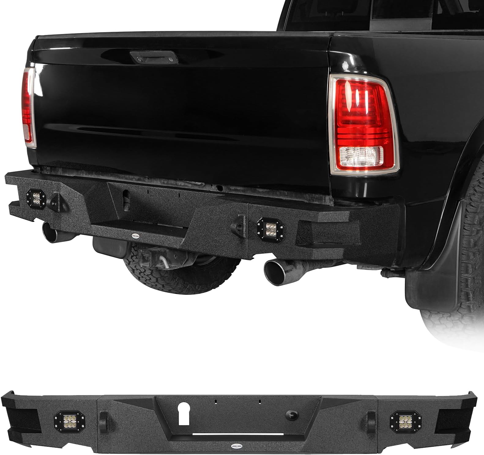 u-Box Ram 1500 Rear Bumper for 2009-2018 Dodge Ram 1500 & 2019-2024 Ram 1500 Classic, Offroad Back Bumper with LED Lights & D-ring Mounts Heavy Duty Steel