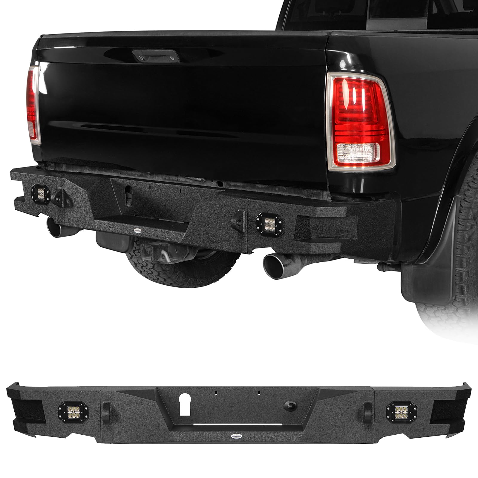 u-Box Ram 1500 Rear Bumper for 2009-2018 Dodge Ram 1500 & 2019-2024 Ram 1500 Classic, Offroad Back Bumper with LED Lights & D-ring Mounts Heavy Duty Steel