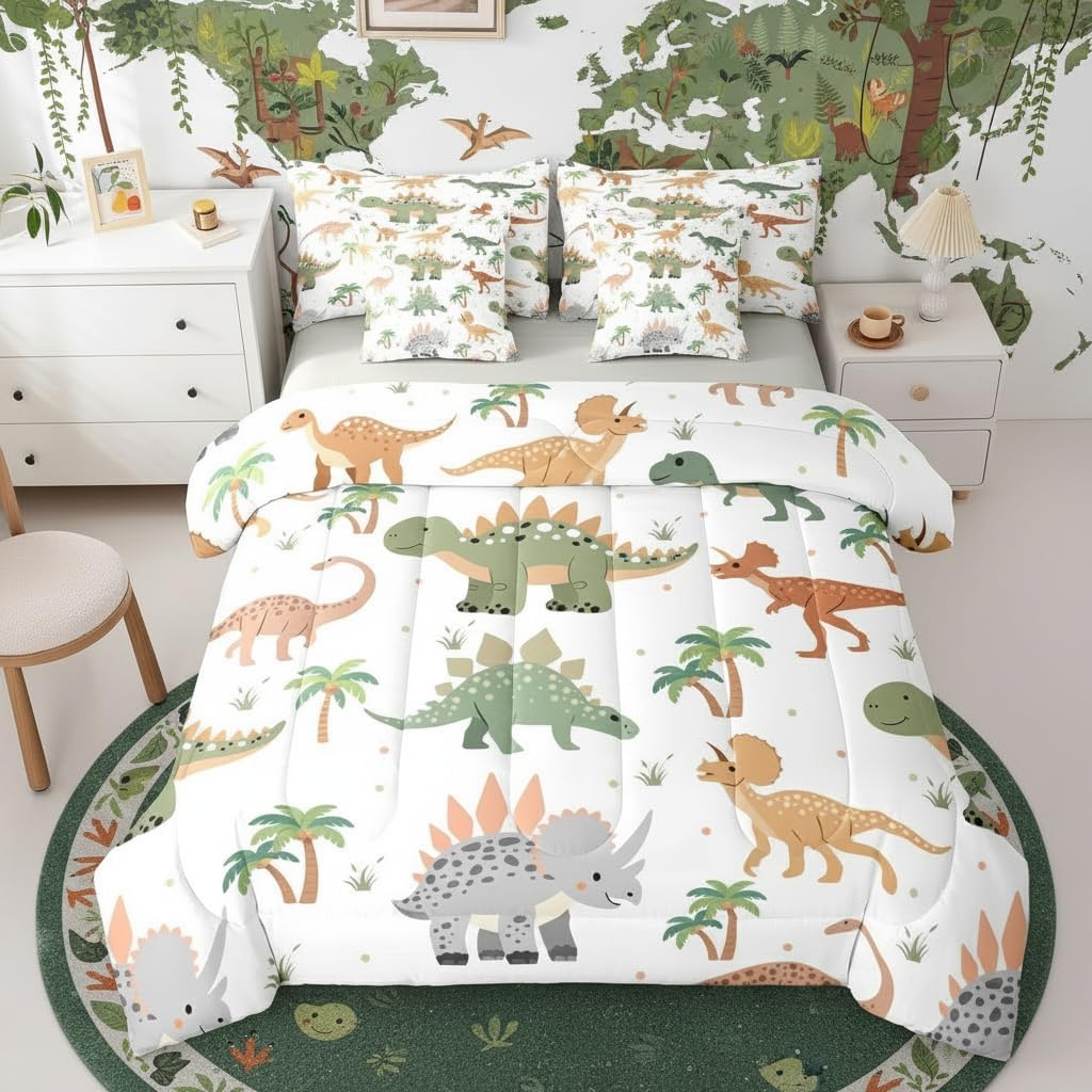 Erosebridal Cartoon Kids Grey Green Dinosaur Boys Full Comforter Set 7 Pieces | Kawaii Safari Bed in A Bag for Bedroom Ancient Animal Bedding Set with Comforters Jungle Room Decor