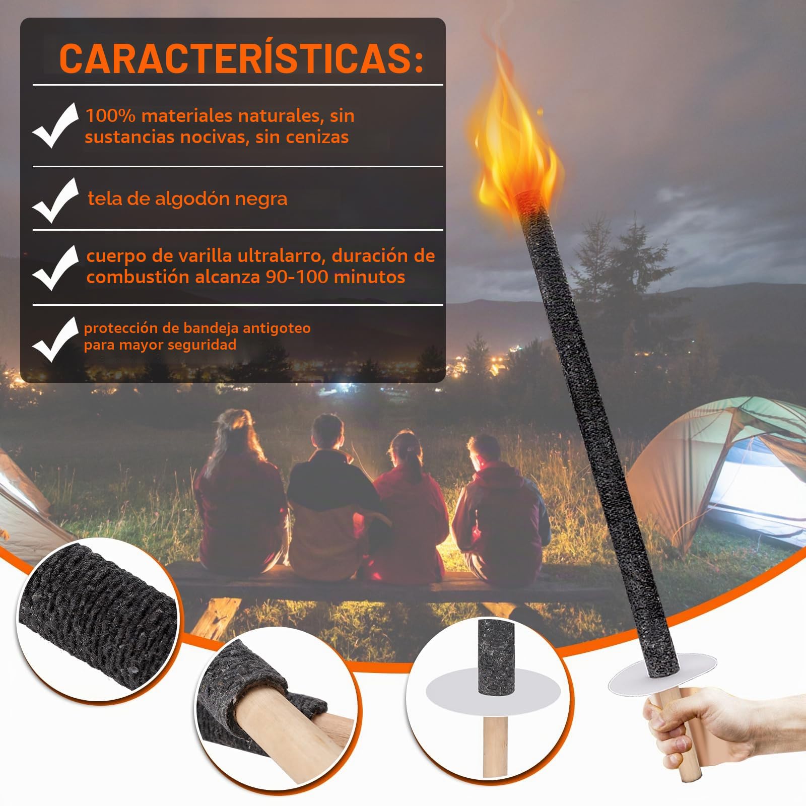 50 antorchas de cera, tiempo de combustión 100 min, antorchas de jardín con protección de manos, antorcha de fuego con mango extra largo, para una caminata con niños, fogata, al aire libre