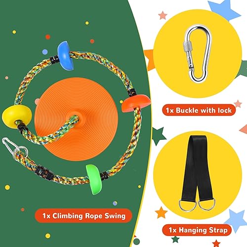 Miniatura 2 de Tree Swing - Cuerda de escalada arco iris, repuesto de asiento de disco giratorio resistente para niños con correa para colgar y mosquetones de