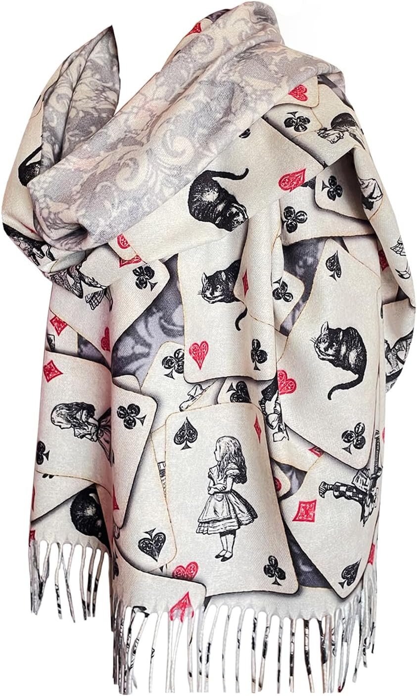 Rodaruus Alice in Wonderland Playing Card Scarf, Literary Gift for Book Lovers, Cozy Wrap Featuring Alice, Mad Hatter, White Rabbit, Cheshire Cat
