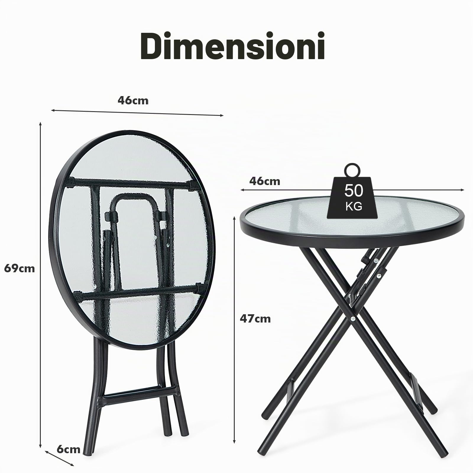 KOMFOTTEU Tavolo da giardino pieghevole, tavolo da bistrot con piano in vetro e telaio in metallo, tavolo laterale rotondo, per balcone, terrazza (trasparente, rotondo, φ46 x 47 cm (H))