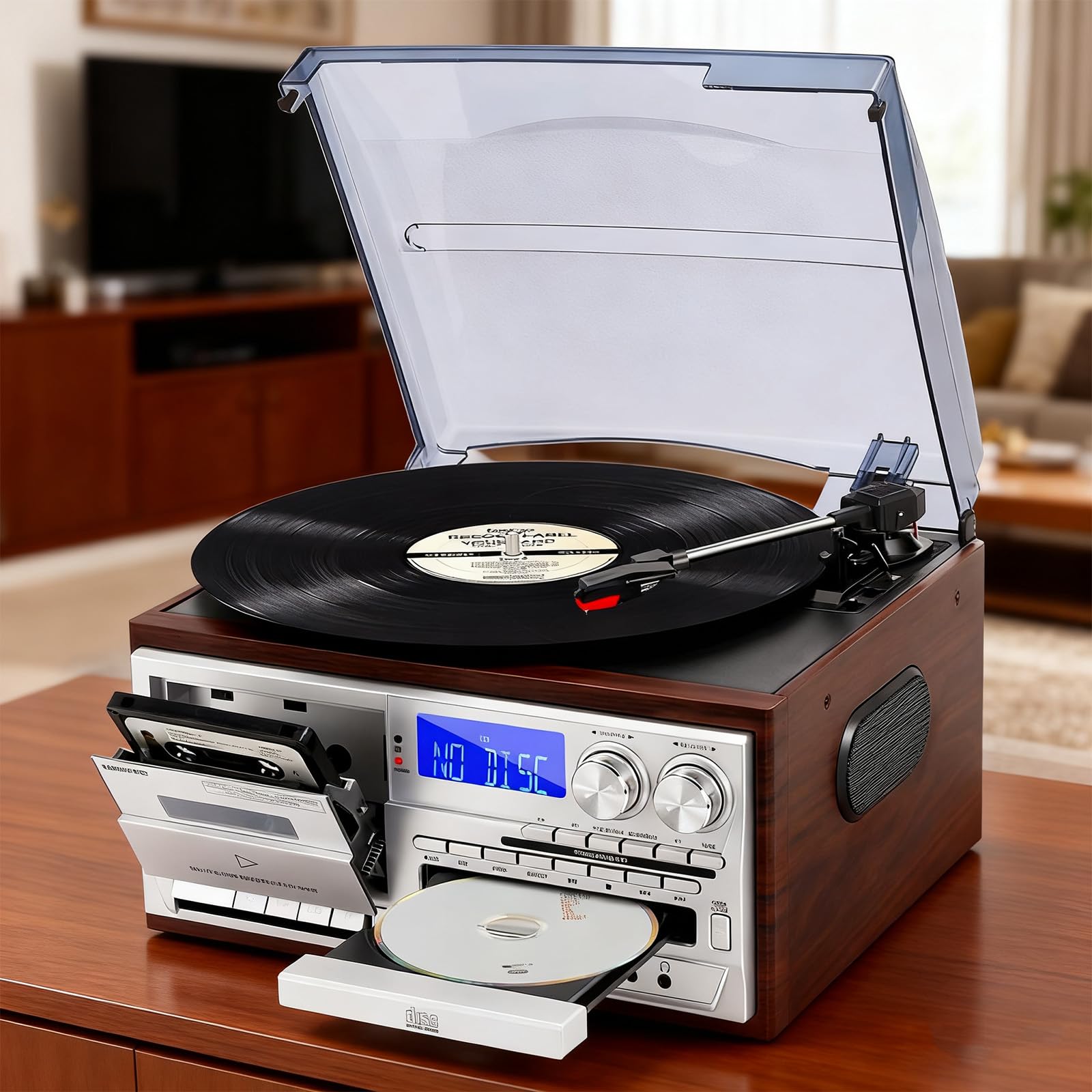 Boombox - Lettore CD portatile e giradischi in vinile con Bluetooth, altoparlanti stereo a 3 velocità, AUX-In, riproduzione USB, uscita cuffie per la decorazione domestica