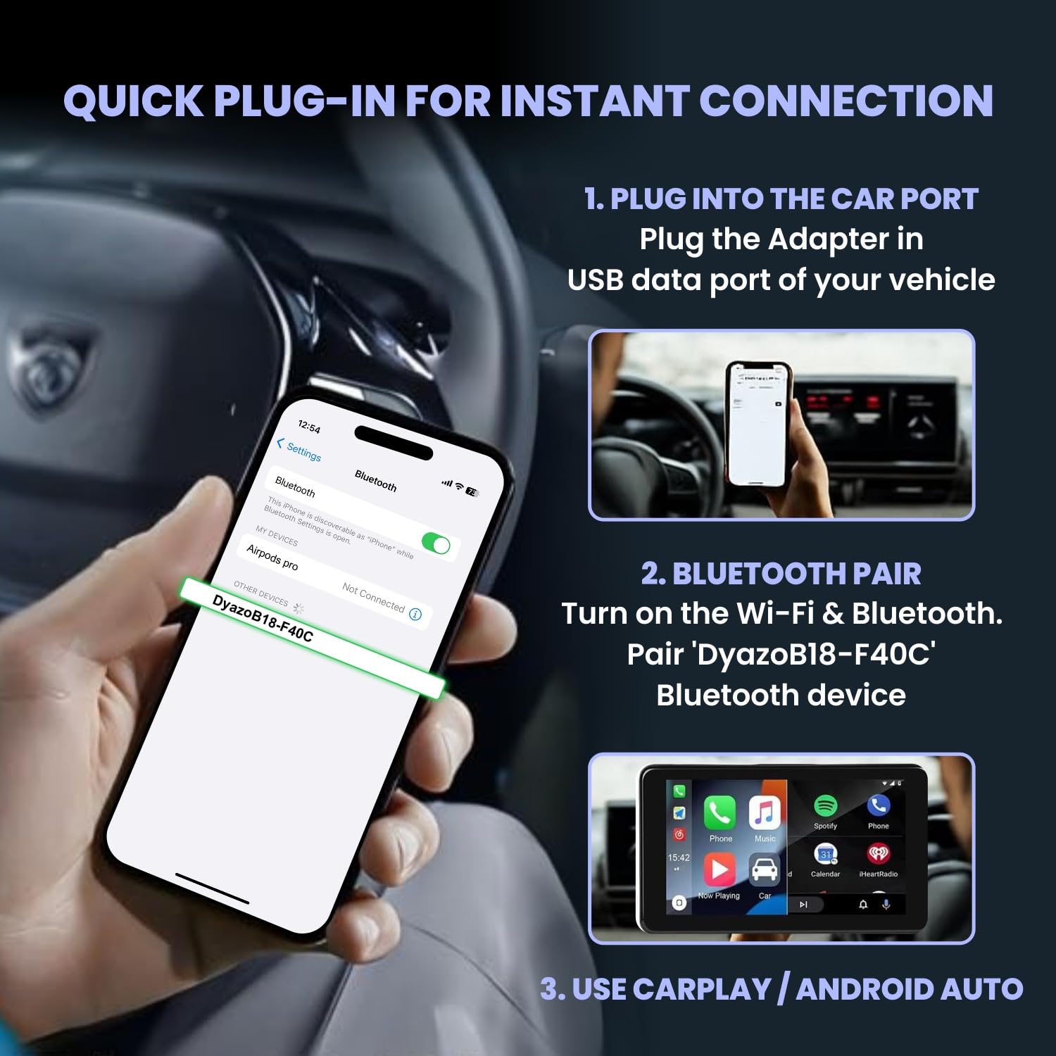 2-in-1 Wireless CarPlay & Android Auto Adapter | Converts Factory Wired CarPlay & Android Auto to Wireless | Plug & Play | USB-A & Type-C | BT v5.4 + 2.4G/5G WiFi Fast Auto Connection — Amazon image 3