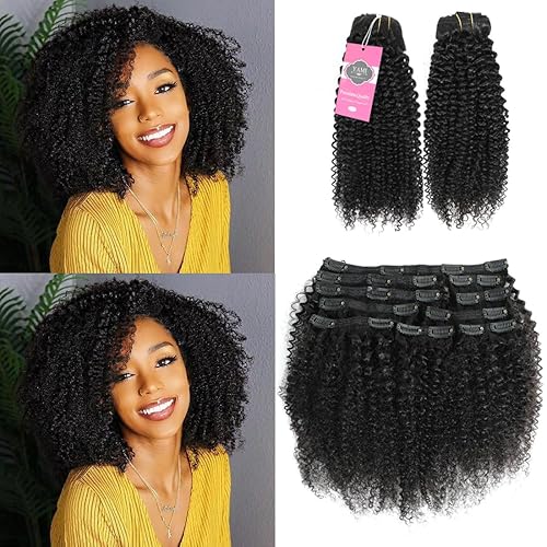 YAMI Extensiones de cabello humano rizado tipo afro con clip, para mujeres negras, triple trama, 4.23 onzas (negro natural, 14 pulgadas)
